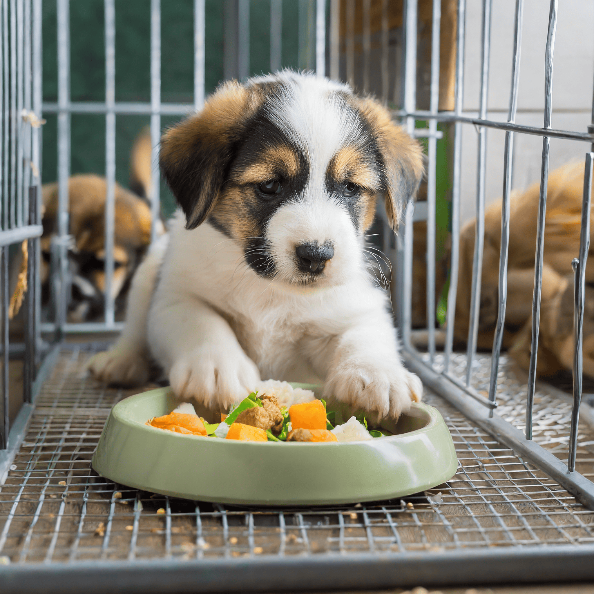 You might feed your puppy her meals in the crate or puppy pen. This helps with crate training by creating a positive association between mealtime and crate time..