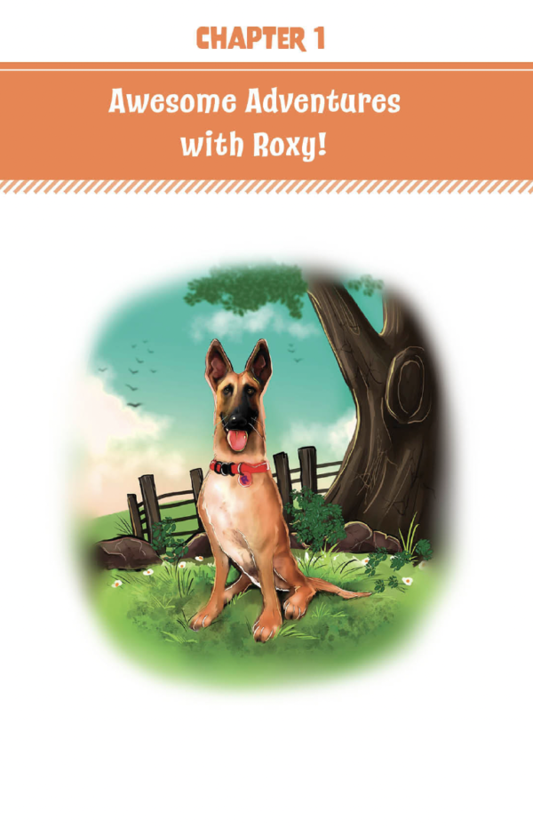 Illustration of a german shepherd sitting in a grassy field, with a tree and a broken fence in the background, titled "chapter 1: awesome adventures with Fun, Fast, and Easy Dog Training for Kids: Super Dog Training Academy. - 1 Minute Dog Training Book