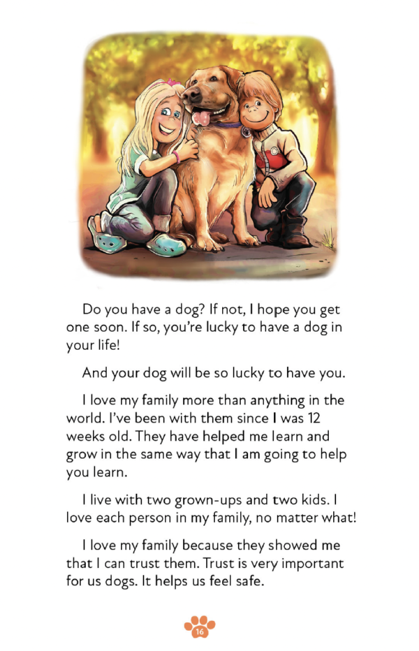 A heartwarming illustration of a little girl hugging her large brown dog, with two adults and two young children smiling beside them in a cozy, colorful room from Fun, Fast, and Easy Dog Training for Kids: Super Dog Training Academy. - 1 Minute Dog Training Book