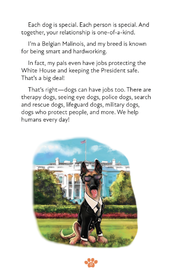 An illustrated image of a large, muscular dog resembling a doberman pinscher, standing proudly in front of the white house. the dog is depicted with a friendly expression, wearing a collar from Fun, Fast, and Easy Dog Training for Kids: Super Dog Training Academy. - 1 Minute Dog Training Book
