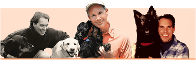 Three separate images of men happily posing with their dogs against a peach and green gradient background. each scene shows affectionate interactions between the dogs and their owners. - 1 Minute Dog Training Book