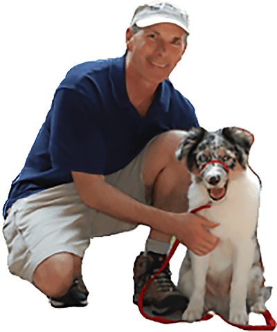 A smiling man in a blue shirt and shorts kneels next to a speckled dog, gently holding the dog, against a transparent background. - 1 Minute Dog Training Book